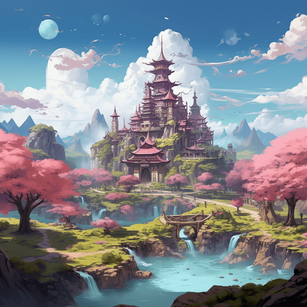 japanese style fairytale town with towers, gates and waterfalls