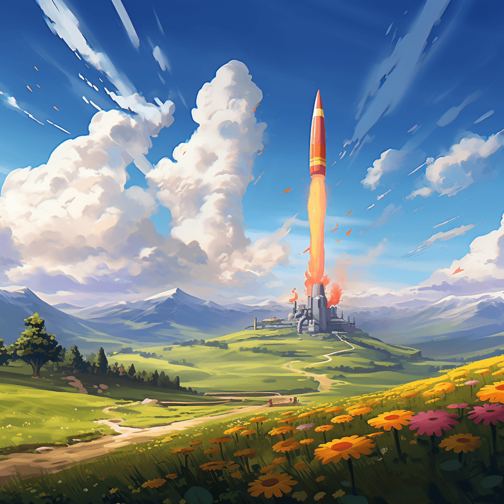 a rocket launching into the space in the middle of the landscape