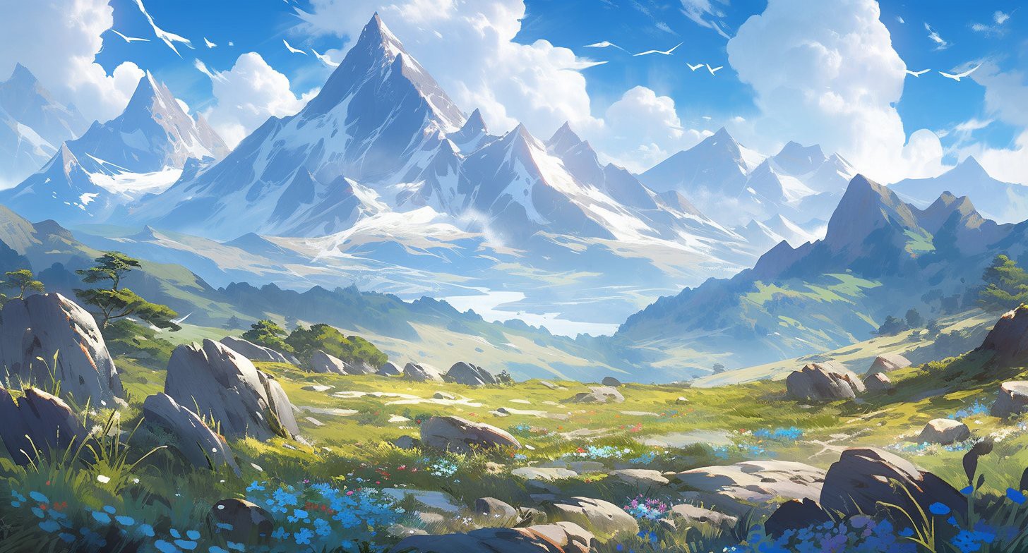 colorful mountain and meadow scenery with clouds, birds, and grass